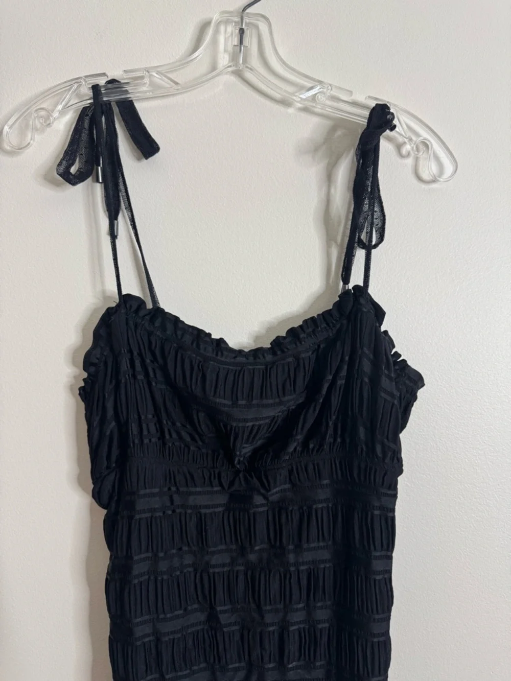 Free People Bittersweet Black Smocked Ruffle Sleeveless Cami Ruched Mini Dress L